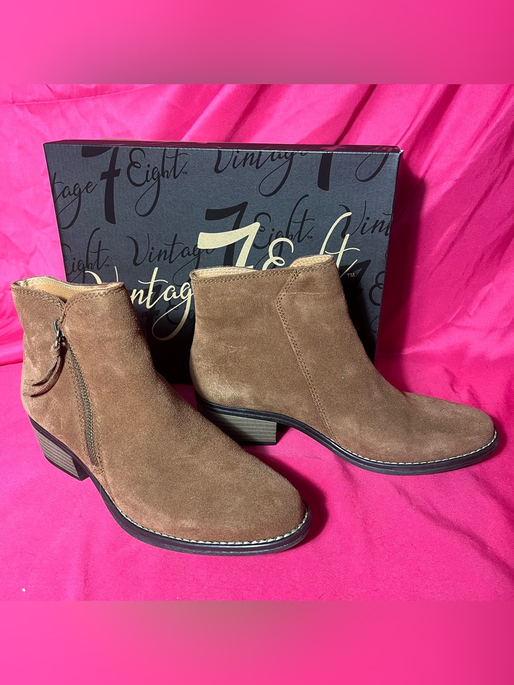 Vintage 7 Eight Atlas Hazel Brown Suede Ankle Booties with Side Zip